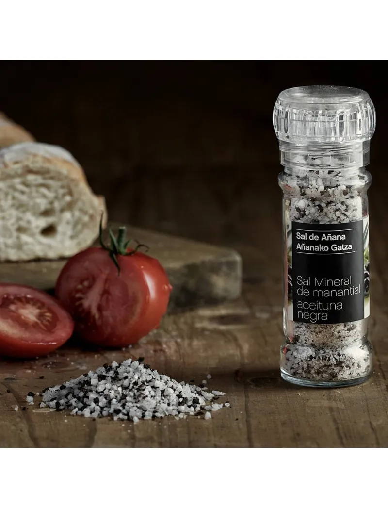 Mineral Spring Salt Grinder with black olives 75 g Añana Salt